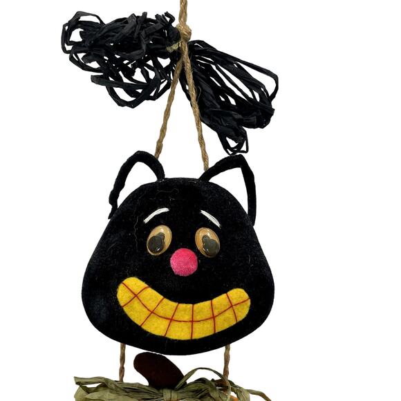 Halloween VTG Melted Plastic Popcorn Light Up Pumpkin Black Cat Wall Hanging - Picture 4 of 10
